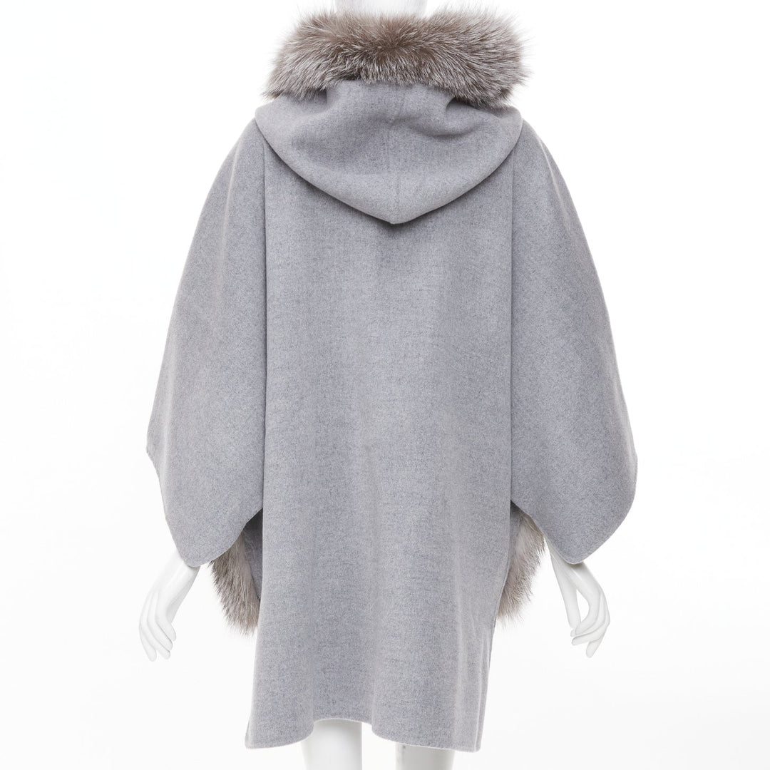 INTUITION PARIS grey cashmere wool real fur hooded removable collar cape coat S