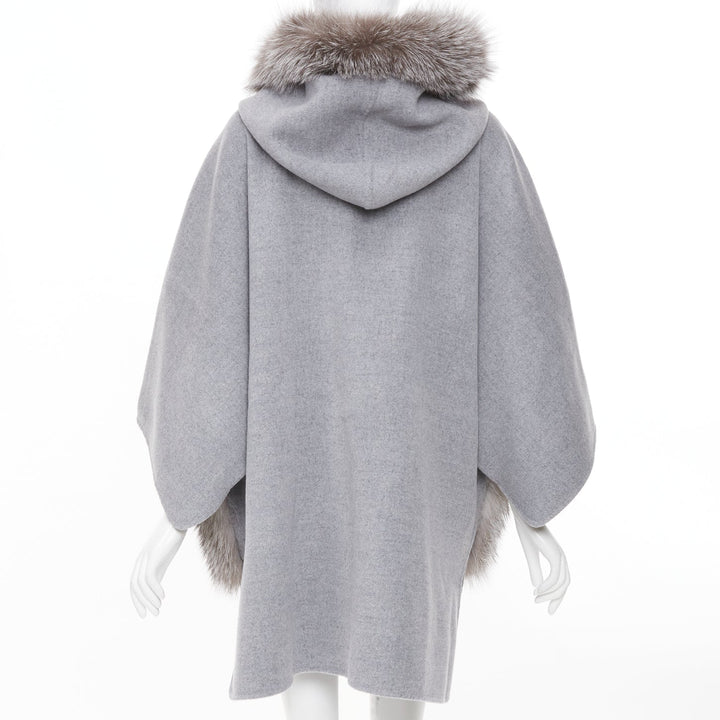 INTUITION PARIS grey cashmere wool real fur hooded removable collar cape coat S