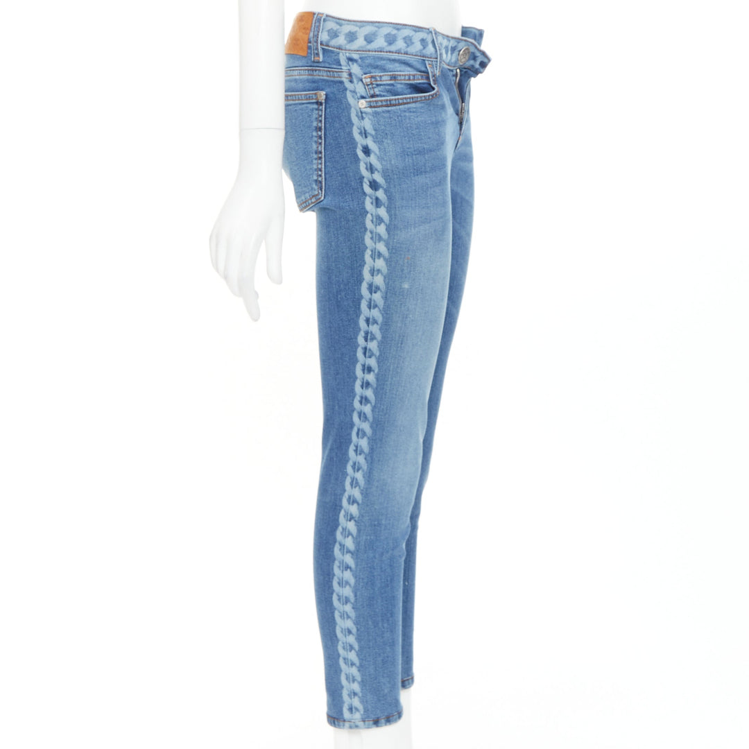 CHANEL 2019 blue cotton chain print side skinny stretch denim crop jeans FR34 XS