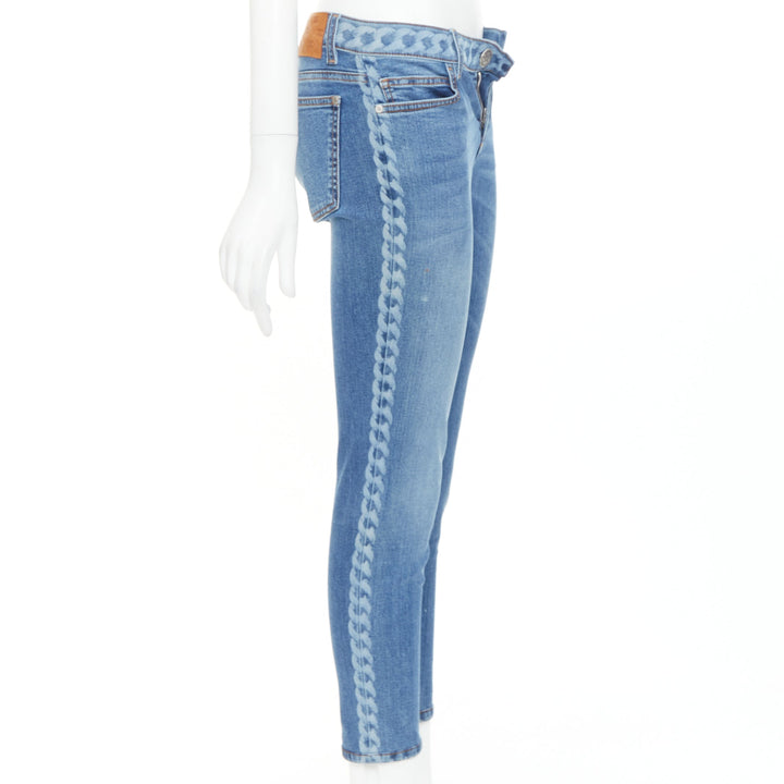 CHANEL 2019 blue cotton chain print side skinny stretch denim crop jeans FR34 XS
