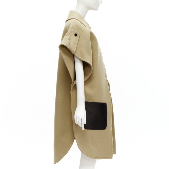 OLD CELINE Phoebe Philo black leather pocket camel wool poncho coat FR36 S