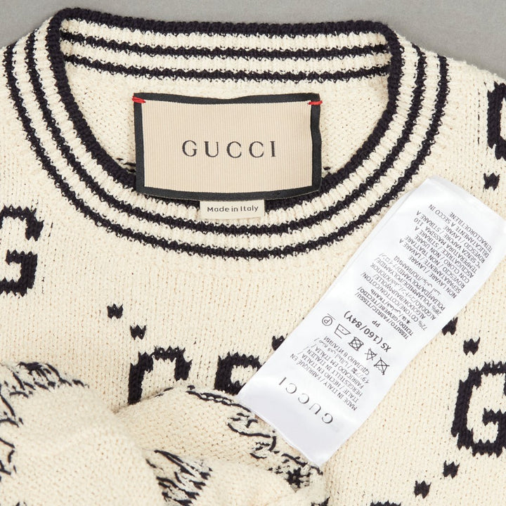 GUCCI 2022 cream cotton GG logo jacquard  striped rib sweater dress XS