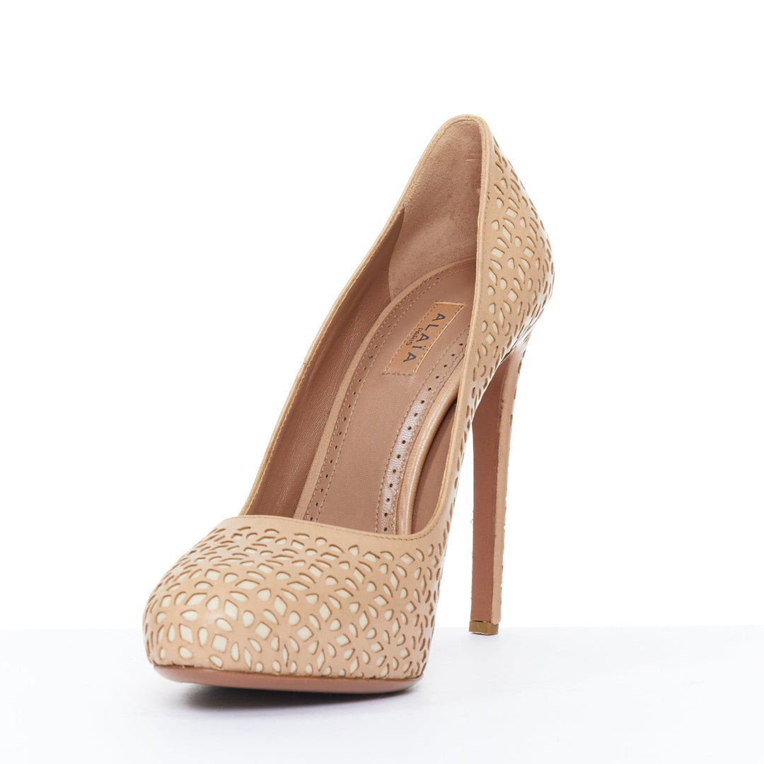 ALAIA nude Vienne laser cut leather almond toe stiletto classic pumps EU37.5