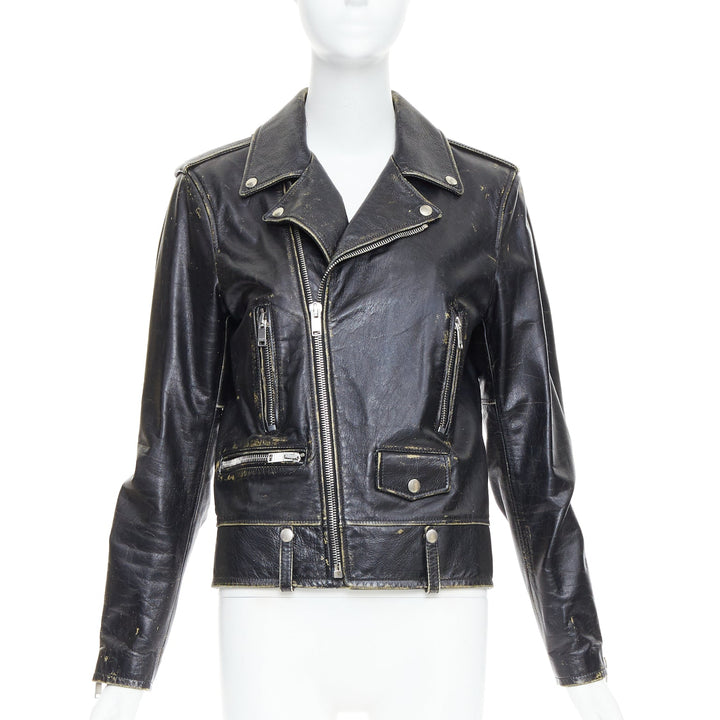 SAINT LAURENT 2015 black calfskin distressed classic biker jacket FR46 S