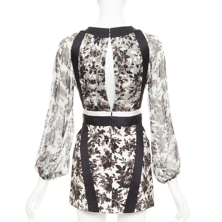 BALENCIAGA 2007 black off white silk chifon floral panel satin mini dress FR36 S