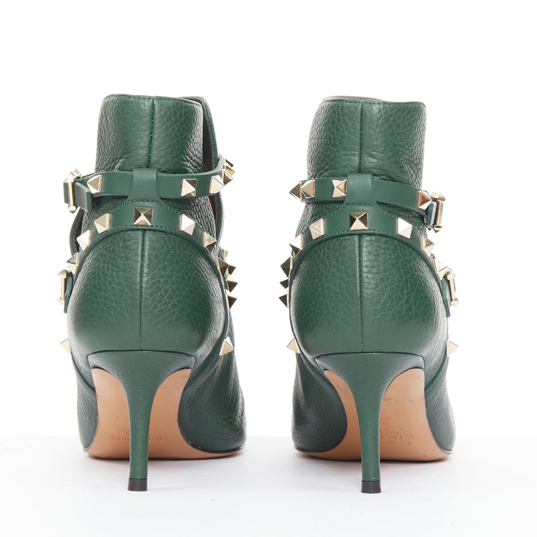 VALENTINO Rockstud green pebbled calf leather gold stud harness ankle boots EU37