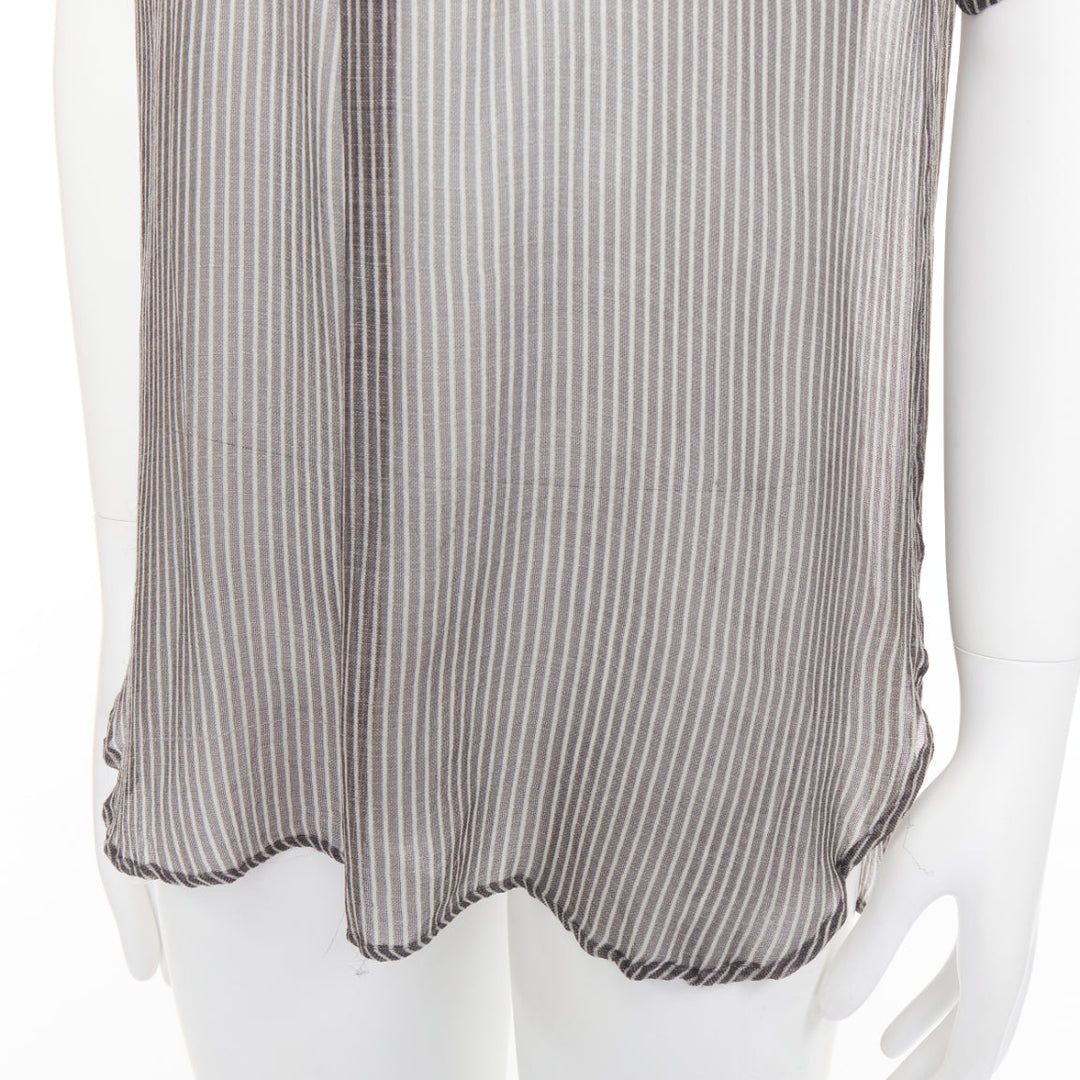 DRIES VAN NOTEN grey off white sheer striped buttoned polo shirt IT48 M
