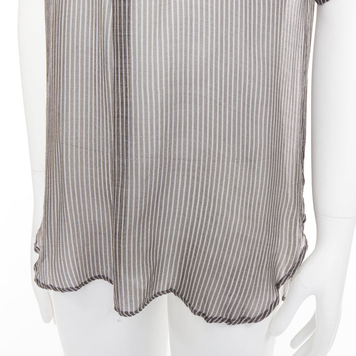 DRIES VAN NOTEN grey off white sheer striped buttoned polo shirt IT48 M