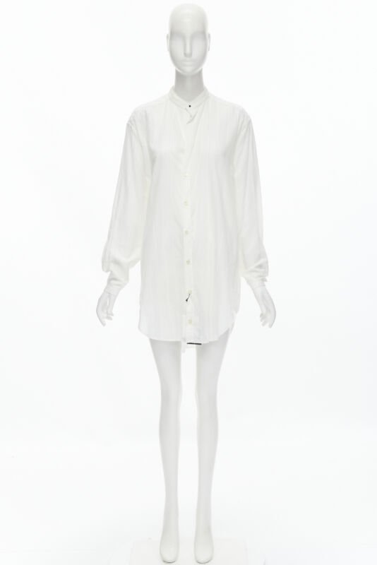 SAINT LAURENT 2017 white fine cotton frayed striped long tunic shirt FR36 S