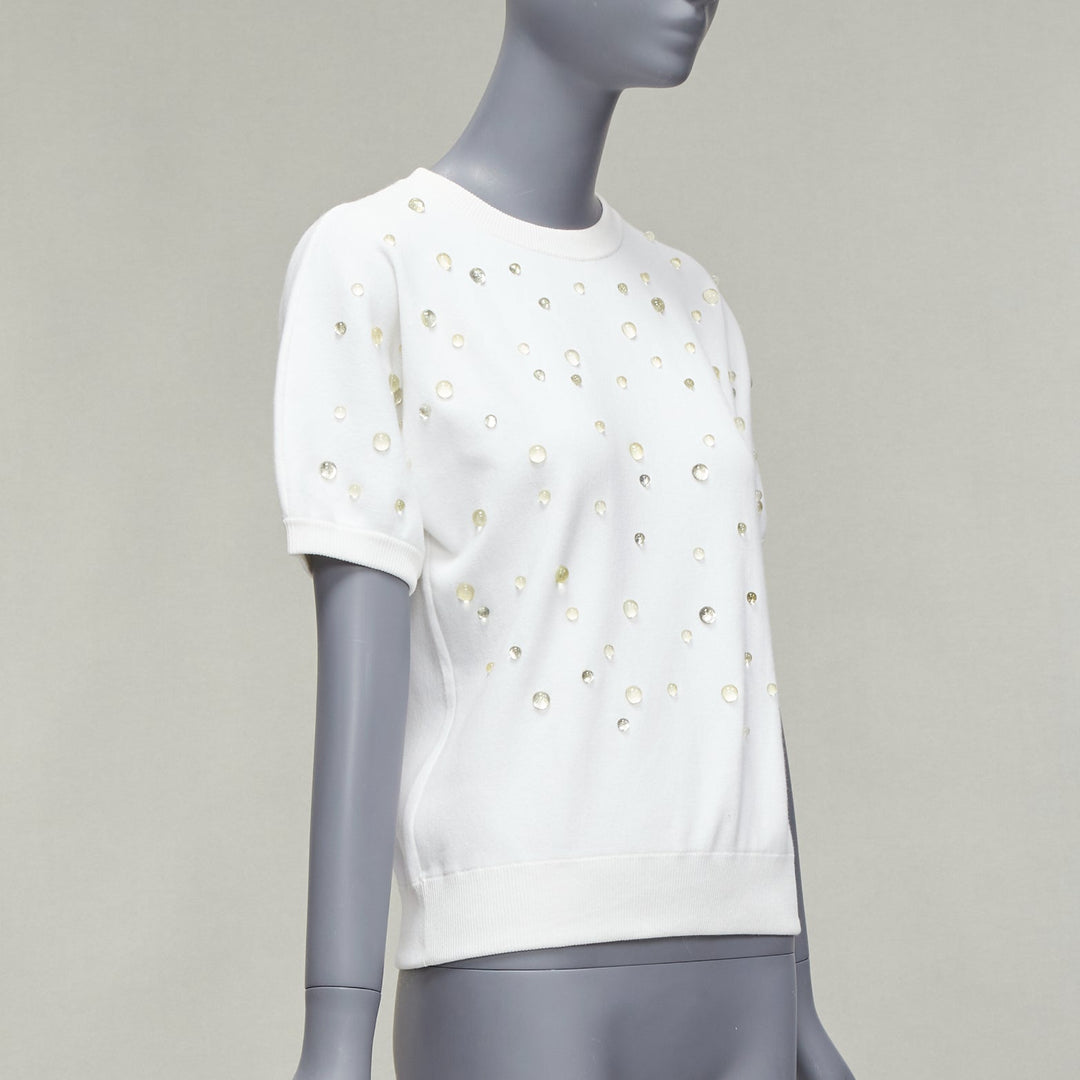 CHANEL 2018 water drop embellished cotton short sleeve pullover sweater FR36