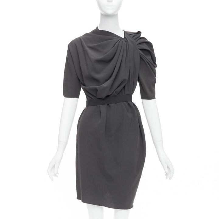 LANVIN 2009 grey asymmetric draped gathered belted dress FR34 XS