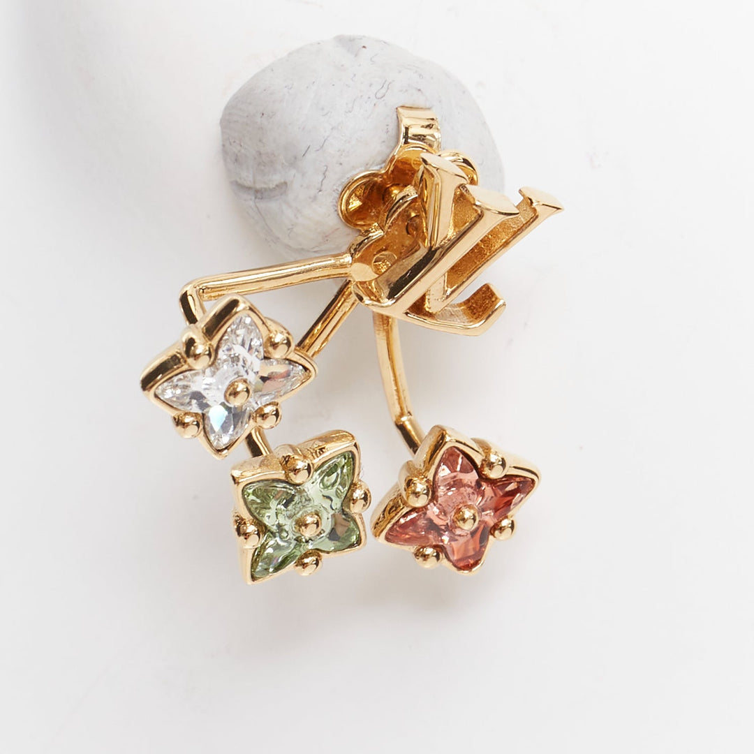 LOUIS VUITTON Loulougram gold tone green pink floral crystal pin earring Pair