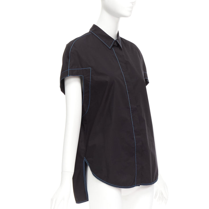 MARNI black blue topstitched round shoulder 3D cut boxy shirt IT40 S
