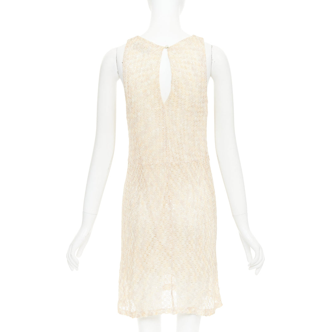 MISSONI cream sequin embellished loose knit pleated neck mini dress IT44 L