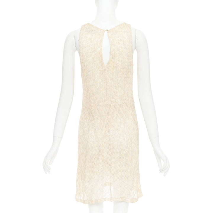 MISSONI cream sequin embellished loose knit pleated neck mini dress IT44 L