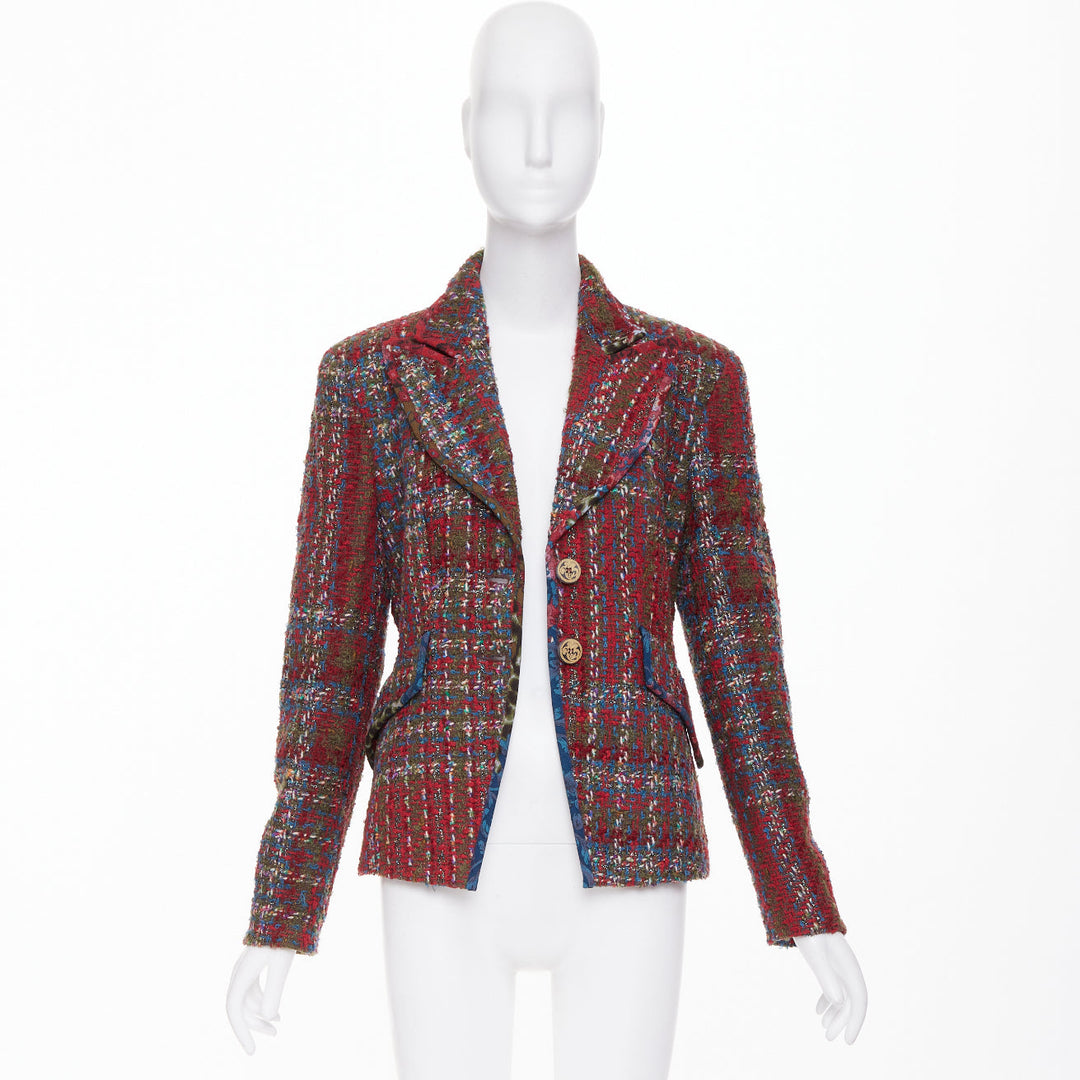CHRISTIAN LACROIX BAZAR 1996 red plaid tweed crest button blazer jacket FR44 XL