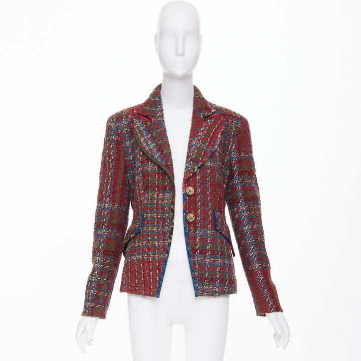 CHRISTIAN LACROIX BAZAR 1996 red plaid tweed crest button blazer jacket FR44 XL