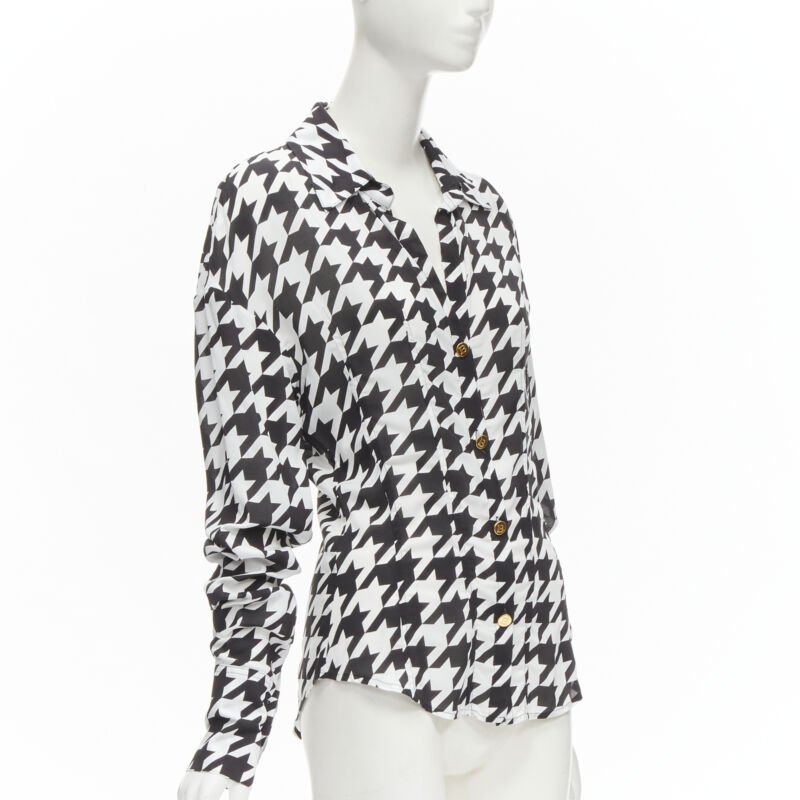 BALMAIN  black white houndstooth viscose gold B button long sleeve blouse FR38 S