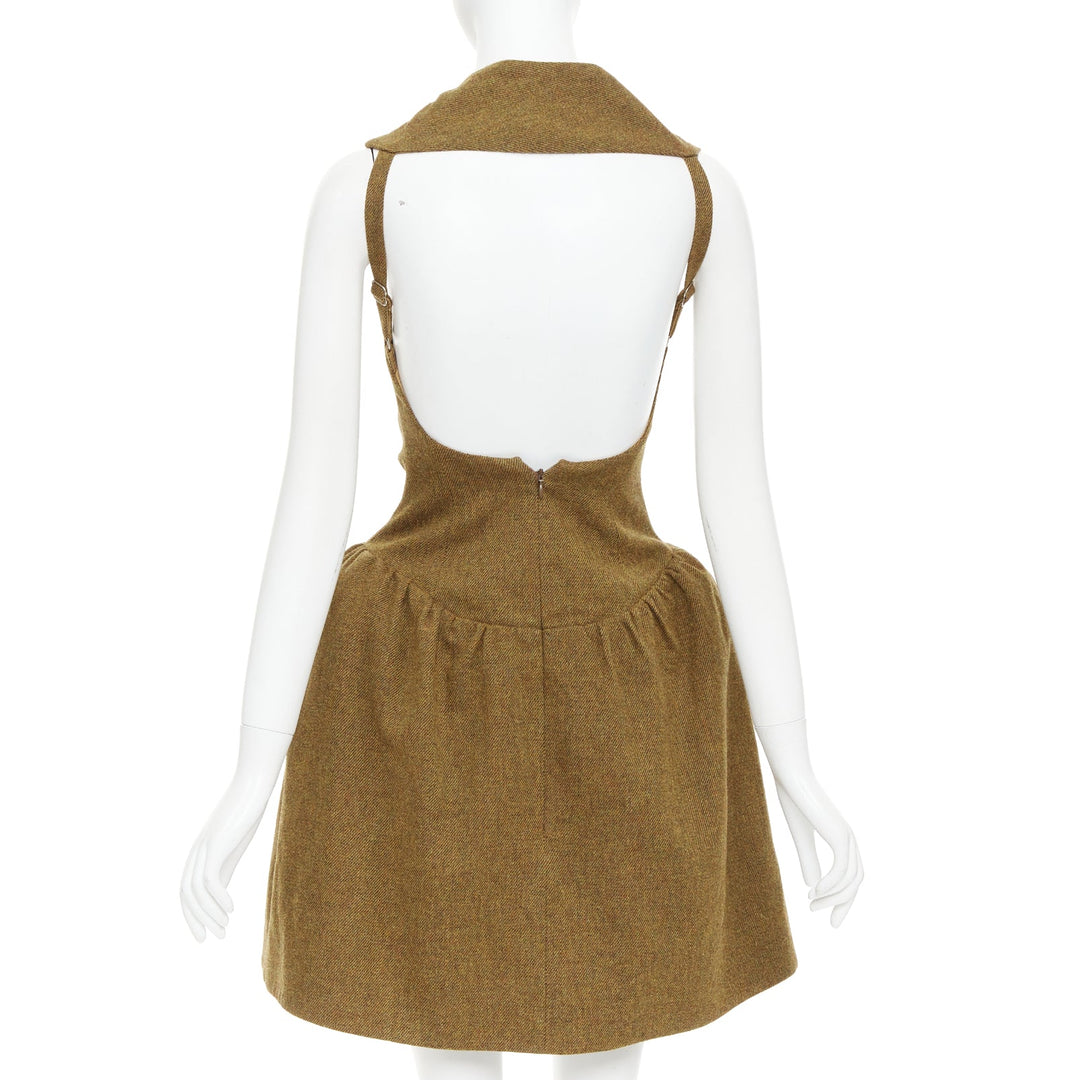 rare SHUSHU TONG Backless brown wool gold sequin fit flare dress UK6 XS