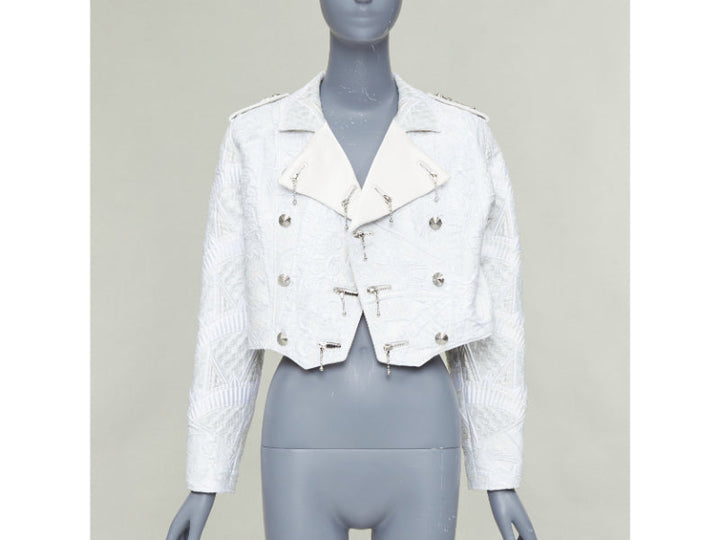LOUIS VUITTON 2020 Runway ivory silver brocade military crop biker jacket FR36 S