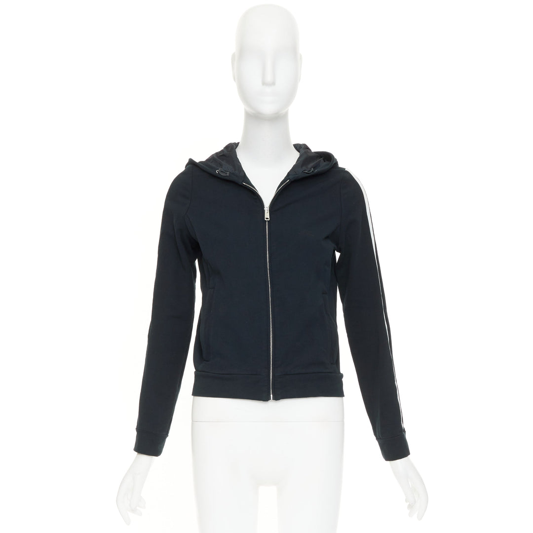 PRADA 2019 Linea Rossa navy white striped zip front logo side cropped hoodie M
