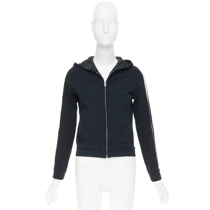 PRADA 2019 Linea Rossa navy white striped zip front logo side cropped hoodie M