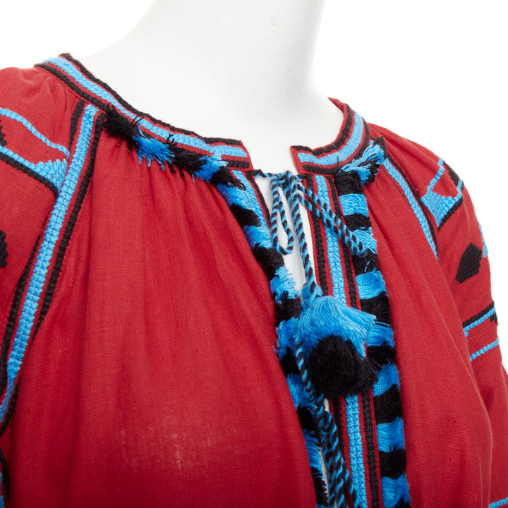 VITA KIN red linen blue folk ethnic embroidery boho peasant kaftan dress S/D