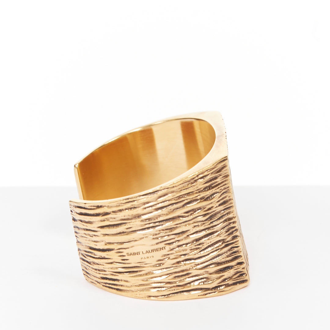 SAINT LAURENT aged gold tone bark wood textured square cuff bangle manchette