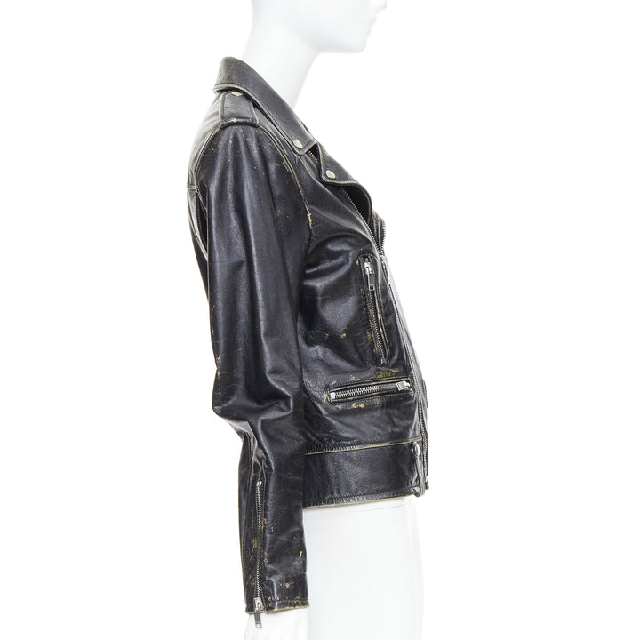 SAINT LAURENT 2015 black calfskin distressed classic biker jacket FR46 S