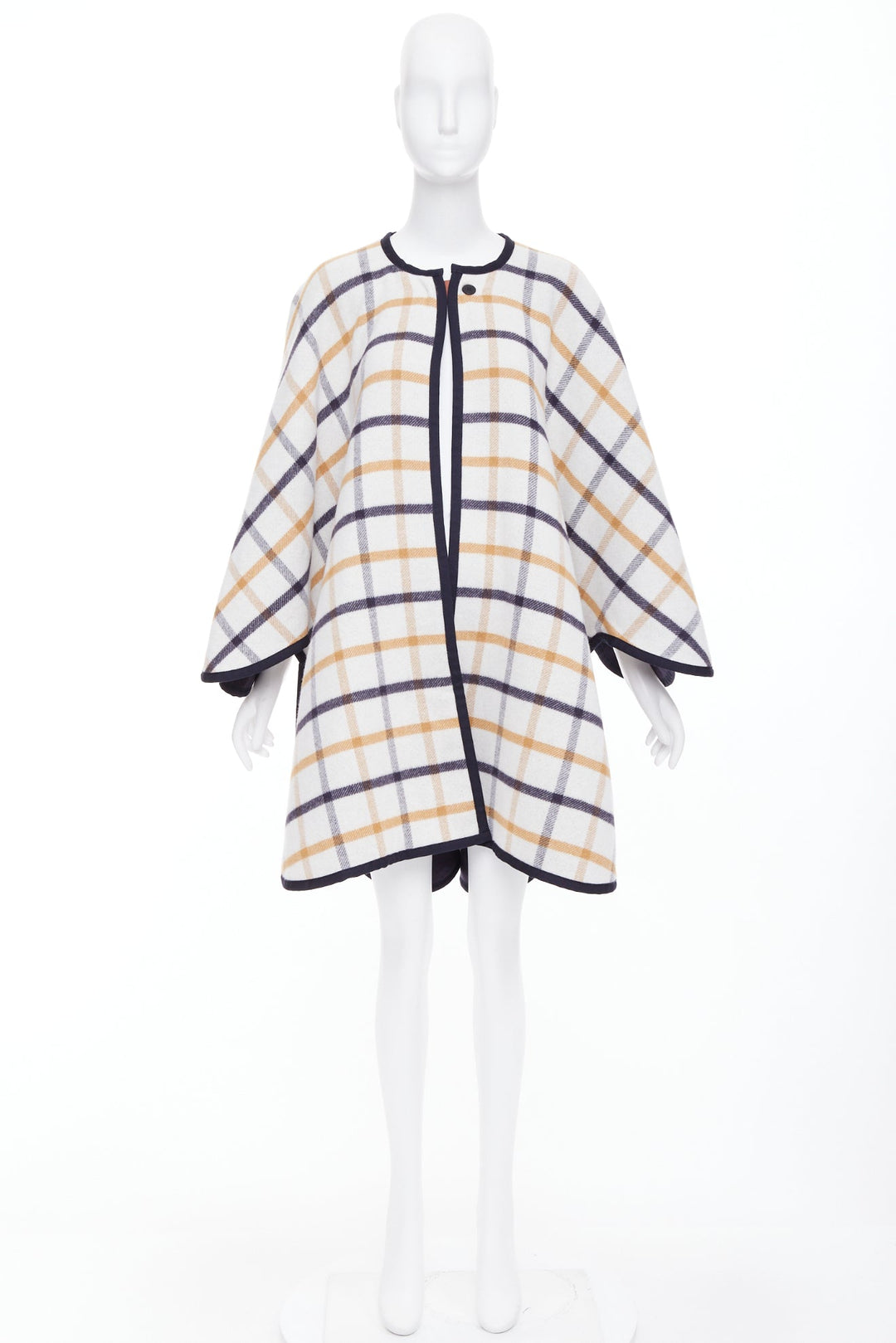 HERMES 2025 Camail Reversible navy cream checked cashmere crew cape poncho