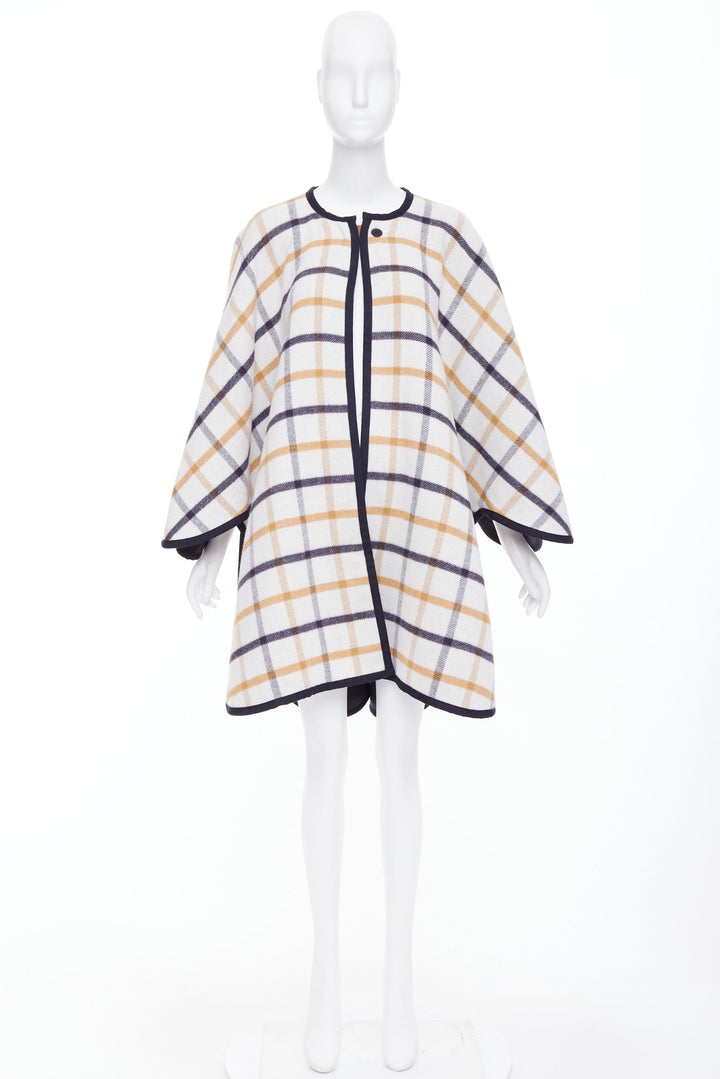 HERMES 2025 Camail Reversible navy cream checked cashmere crew cape poncho