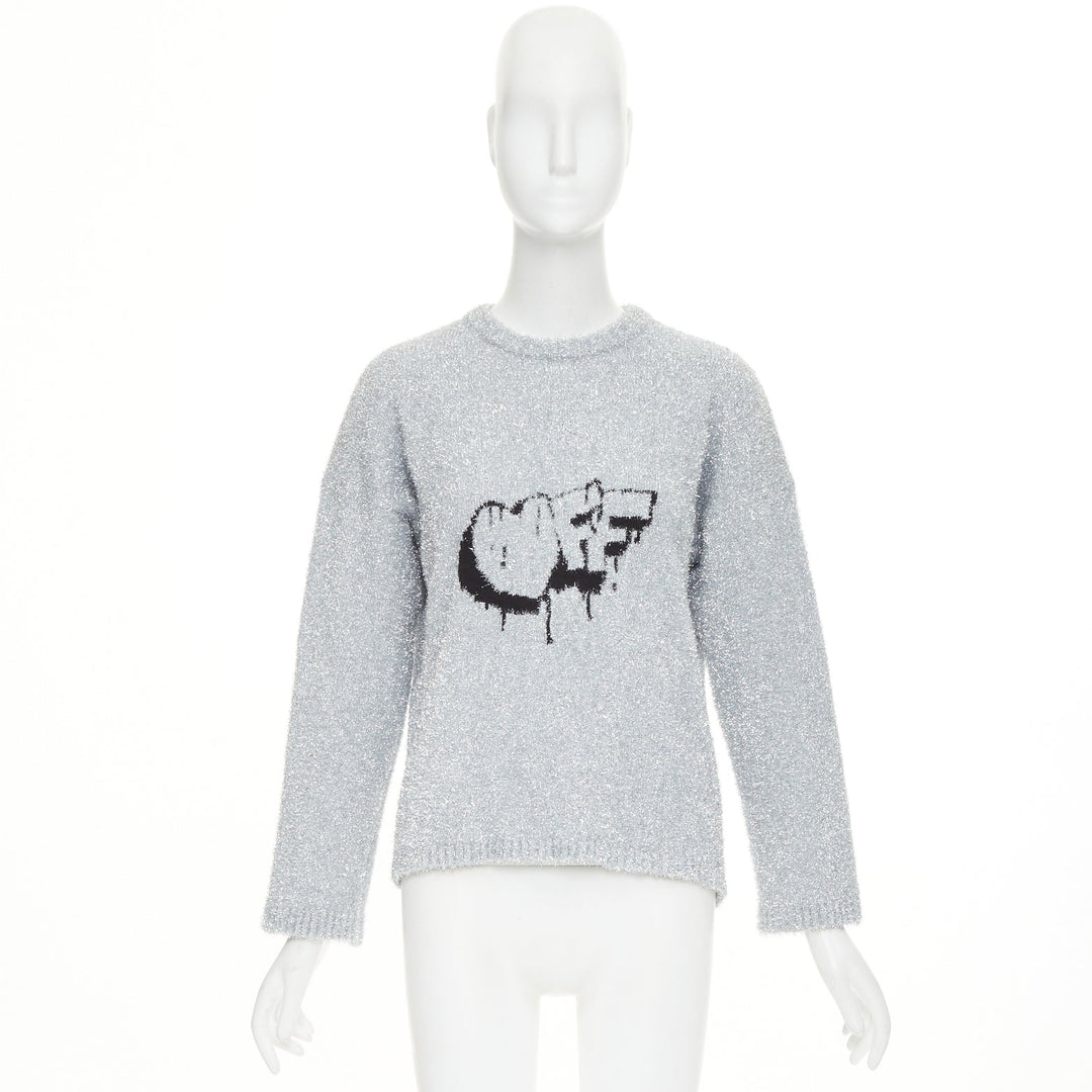 OFF WHITE Virgil Abloh 2019 silver lurex OFF graffiti graphic sweater IT38 XS