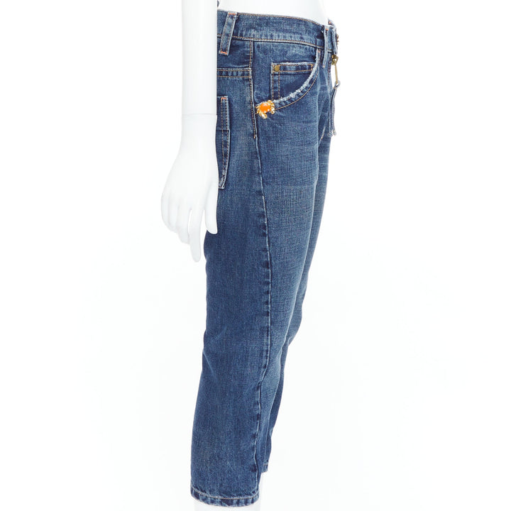 DSQUARED2 Vintage orange crab button logo blue denim cropped jeans IT38 XS
