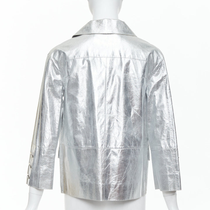 LOUIS VUITTON Marc Jacobs metallic silver leather crystal button jacket FR36 S