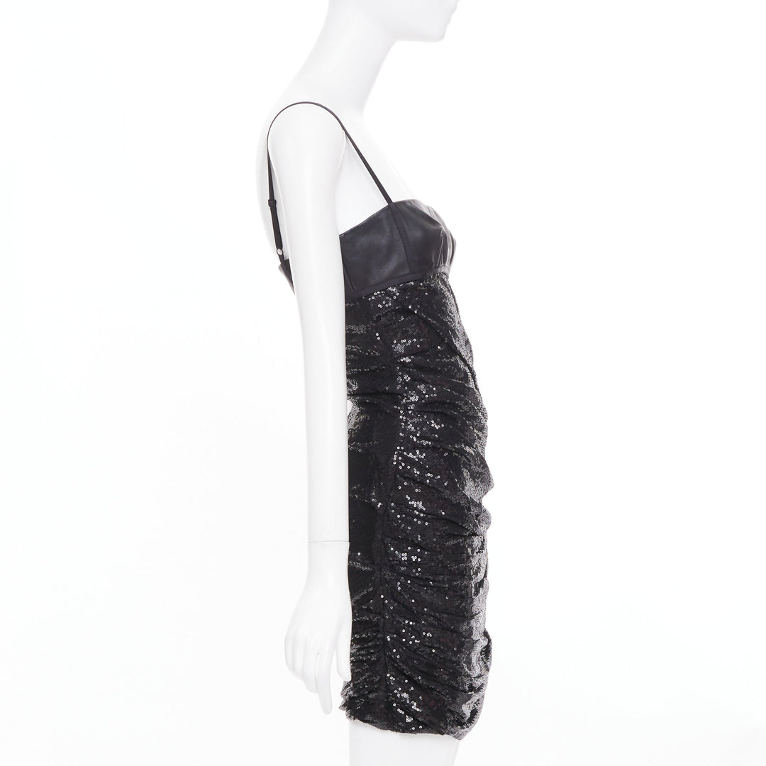 ALEXANDER WANG black lambskin leather Sequin Goddess ruched dress US4 S