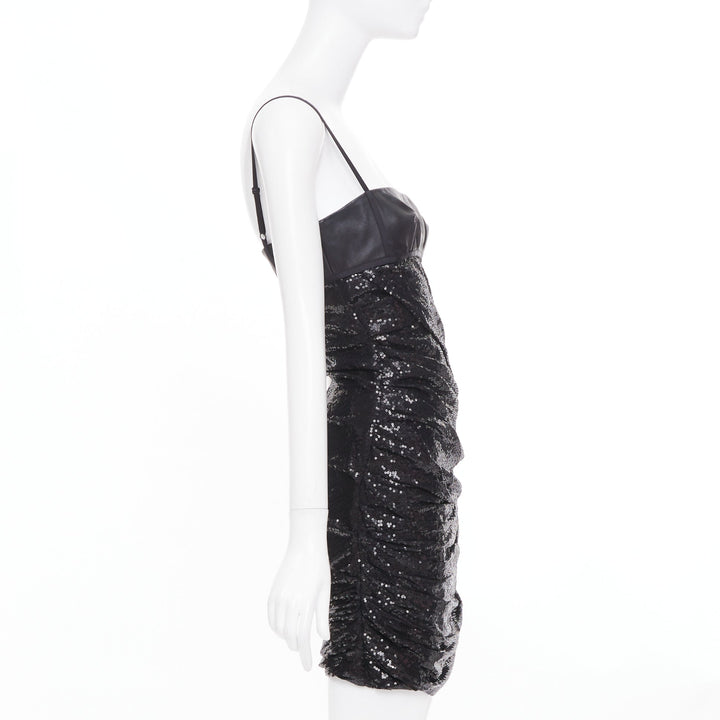 ALEXANDER WANG black lambskin leather Sequin Goddess ruched dress US4 S