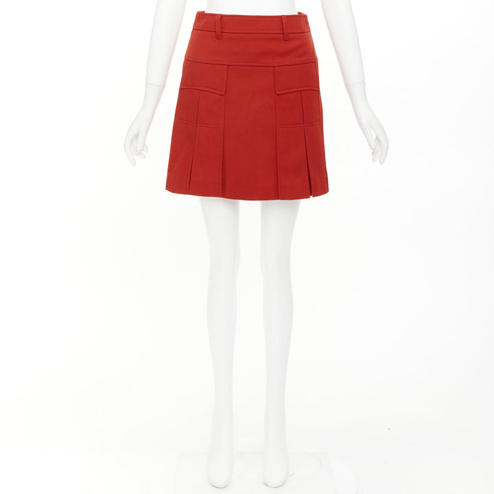 PRADA 2019 red virgin wool white trim utility pocket pleated mini skirt IT38 XS
