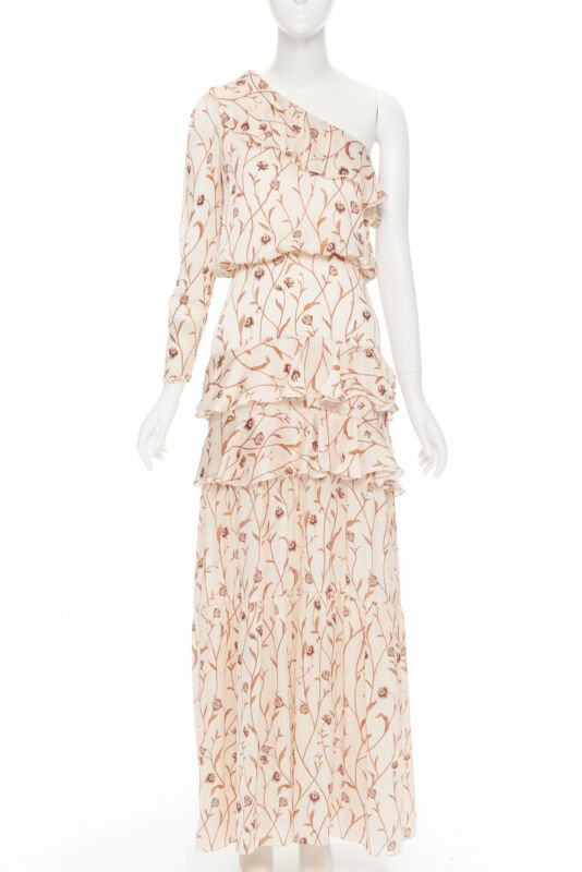 Female mannequin wearing Johanna Ortiz Beige Polyester Women Maxi Dress in Size US2 | Available at JHROP