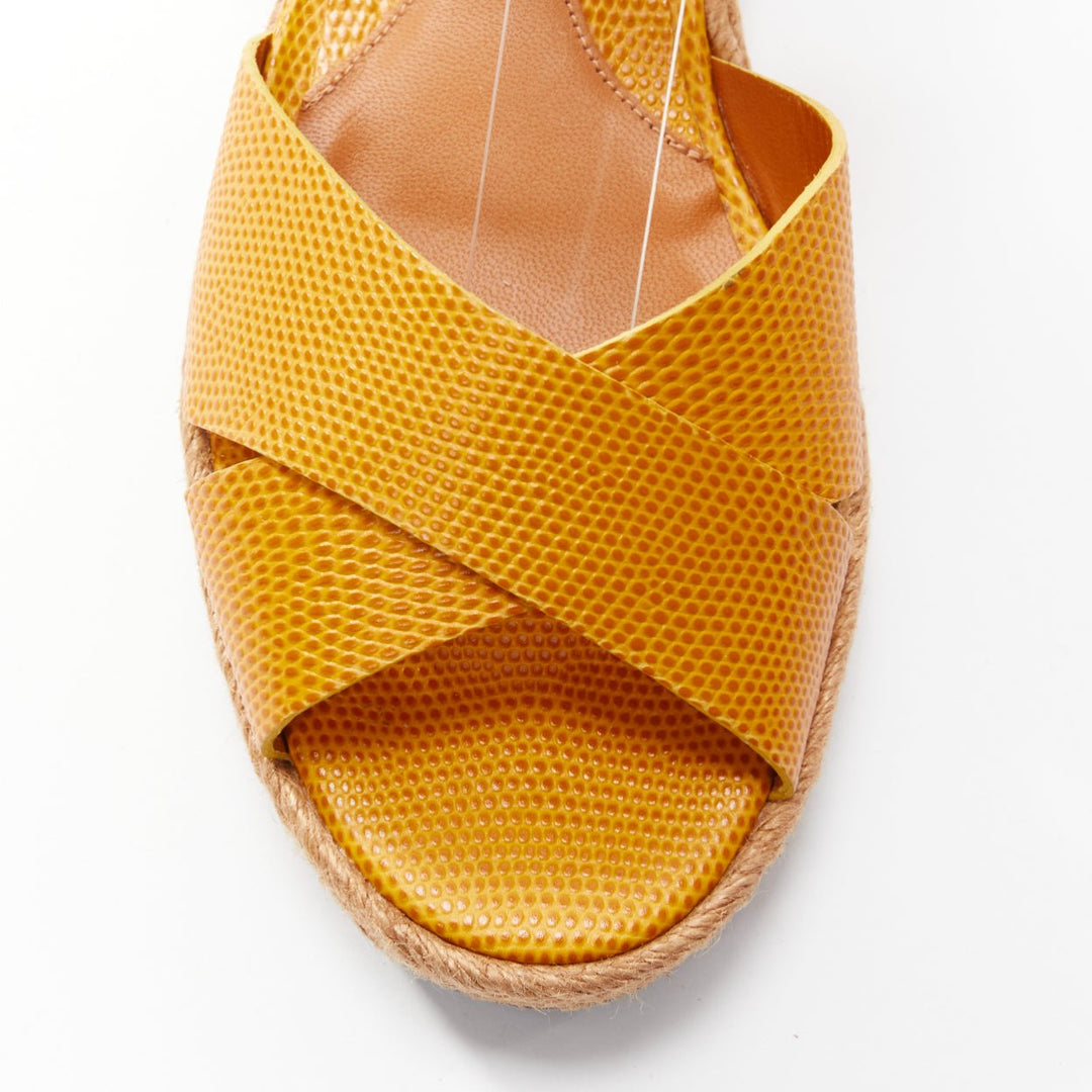 FENDI yellow embossed leather cross strap patent ankle strap jute sandal EU36.5