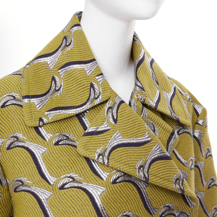 GUCCI 2024 Runway green silver Heron bird jacquard double breast peacoat IT40 S