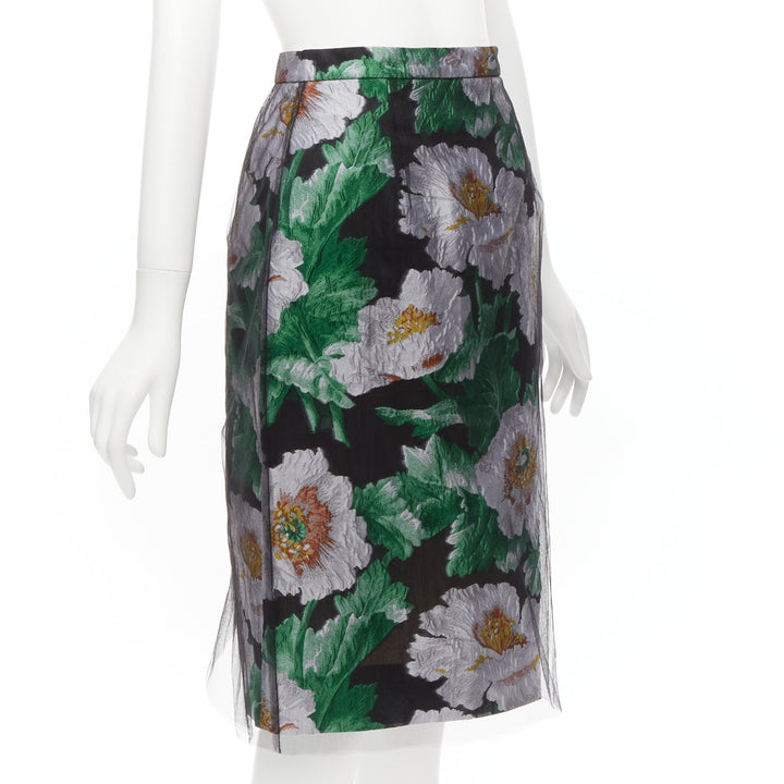 OSCAR DE LA RENTA 2020 black tulle overlay green floral jacquard skirt US0 XS