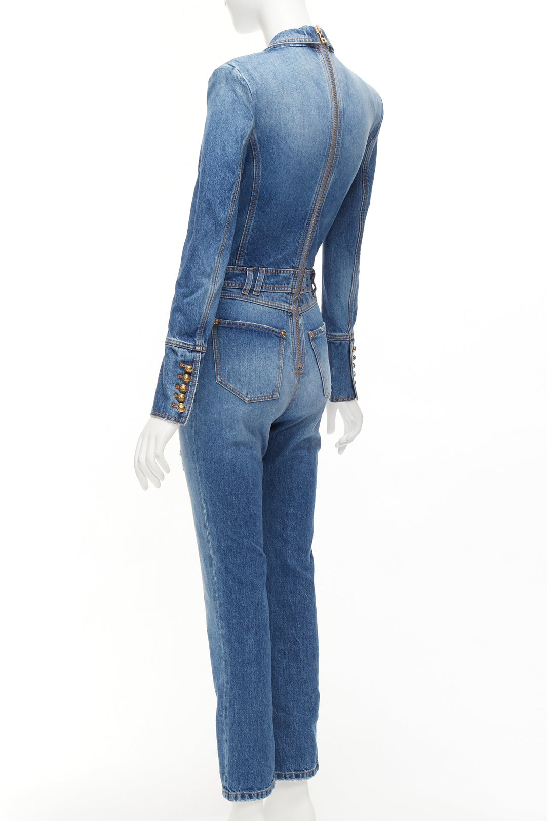 BALMAIN blue washed distressed denim gold double breasted jumpsuit FR34 XS