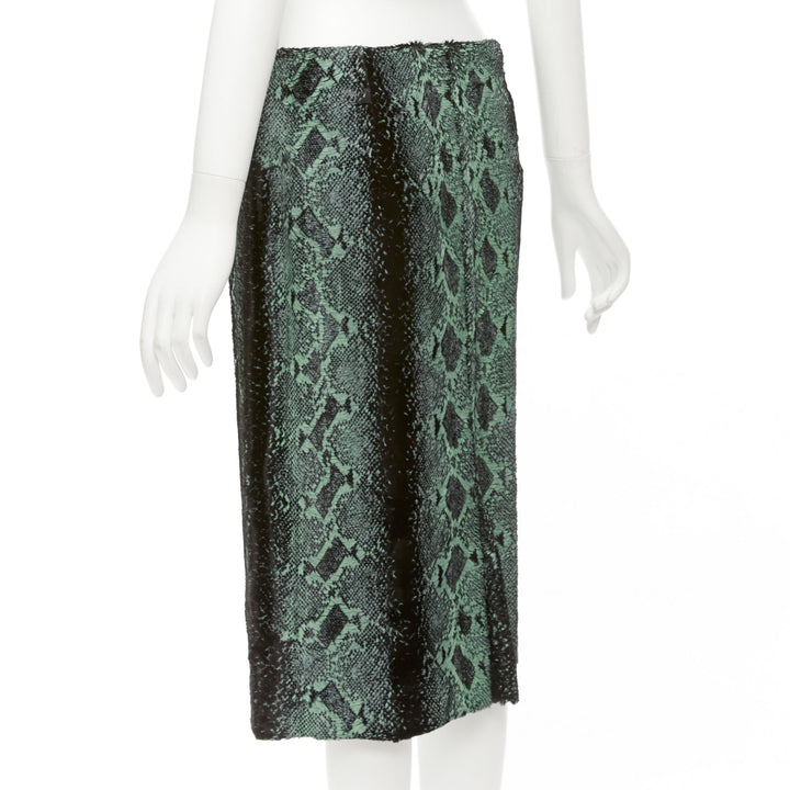 DRIES VAN NOTEN green painted snake print furry midi skirt FR36 S