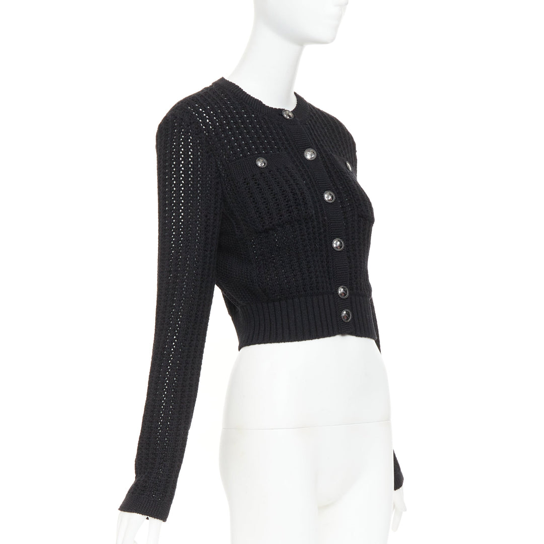 CHANEL 2019 La Pausa cotton linen CC buttons open knit cropped cardigan FR36 S