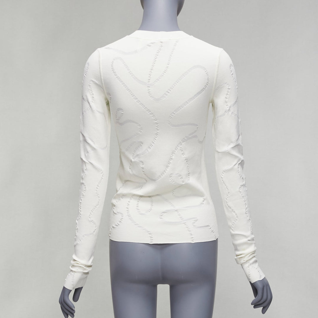 HELMUT LANG cream wiggly line motive jacquard long sleeve sweater S