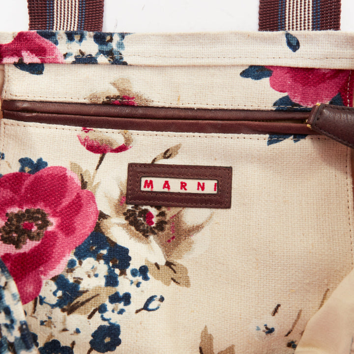 MARNI cream canvas pink floral print brown web trim casual tote bag