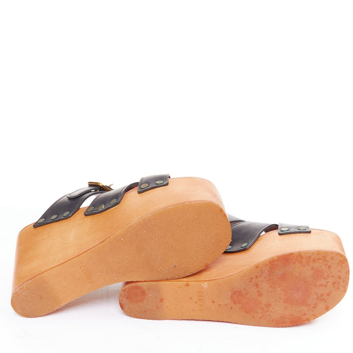 CELINE Phoebe Philo black brown calf wooden platform clog sandals EU37