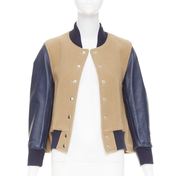 SACAI LUCK camel wool leather sleeve flared collegiate bomber jacket JP1 S