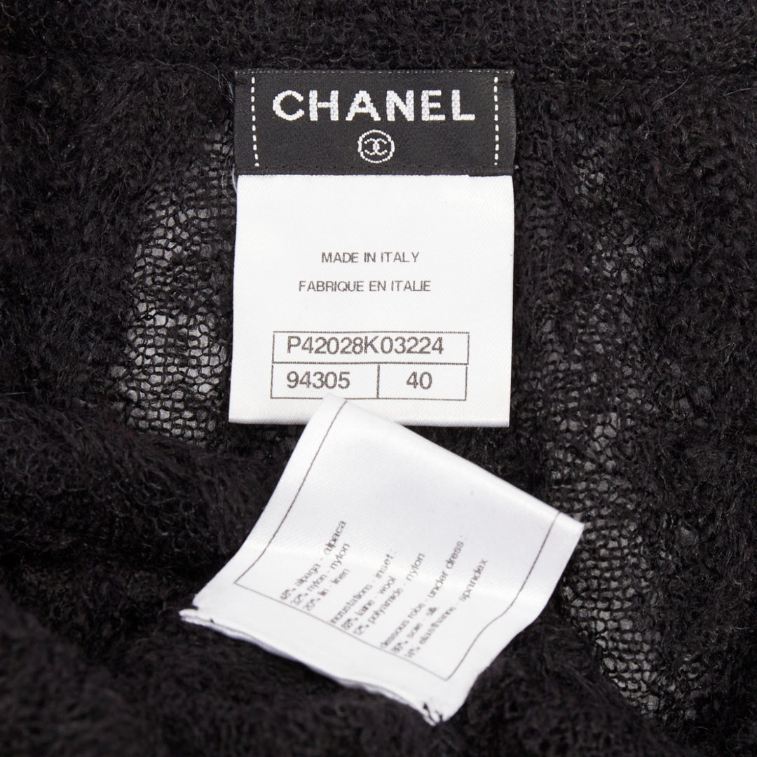 CHANEL black alpaca blend open knit crochet pointelle sleeve midi dress FR40 L