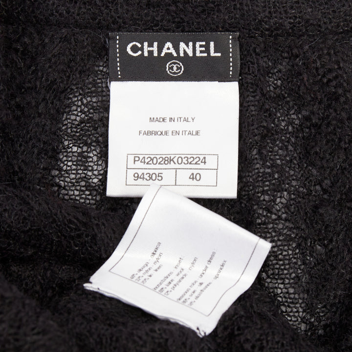 CHANEL black alpaca blend open knit crochet pointelle sleeve midi dress FR40 L
